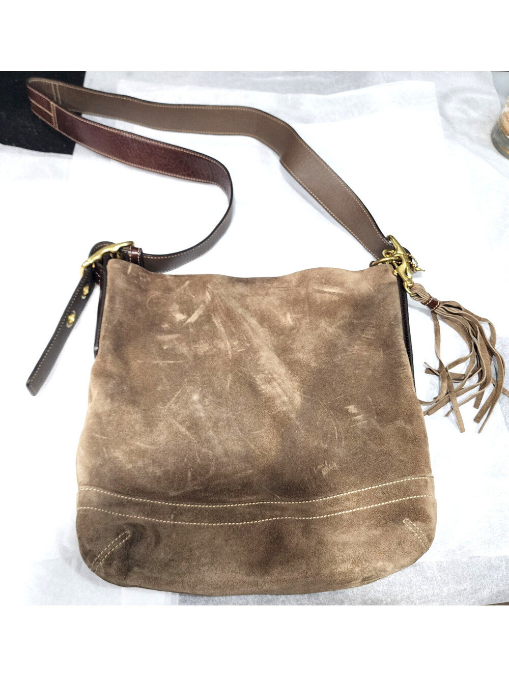 COACH Soho Suede Slim Duffle Shoulder Bag Brown Leather Hobo Fringe Tassel 1419